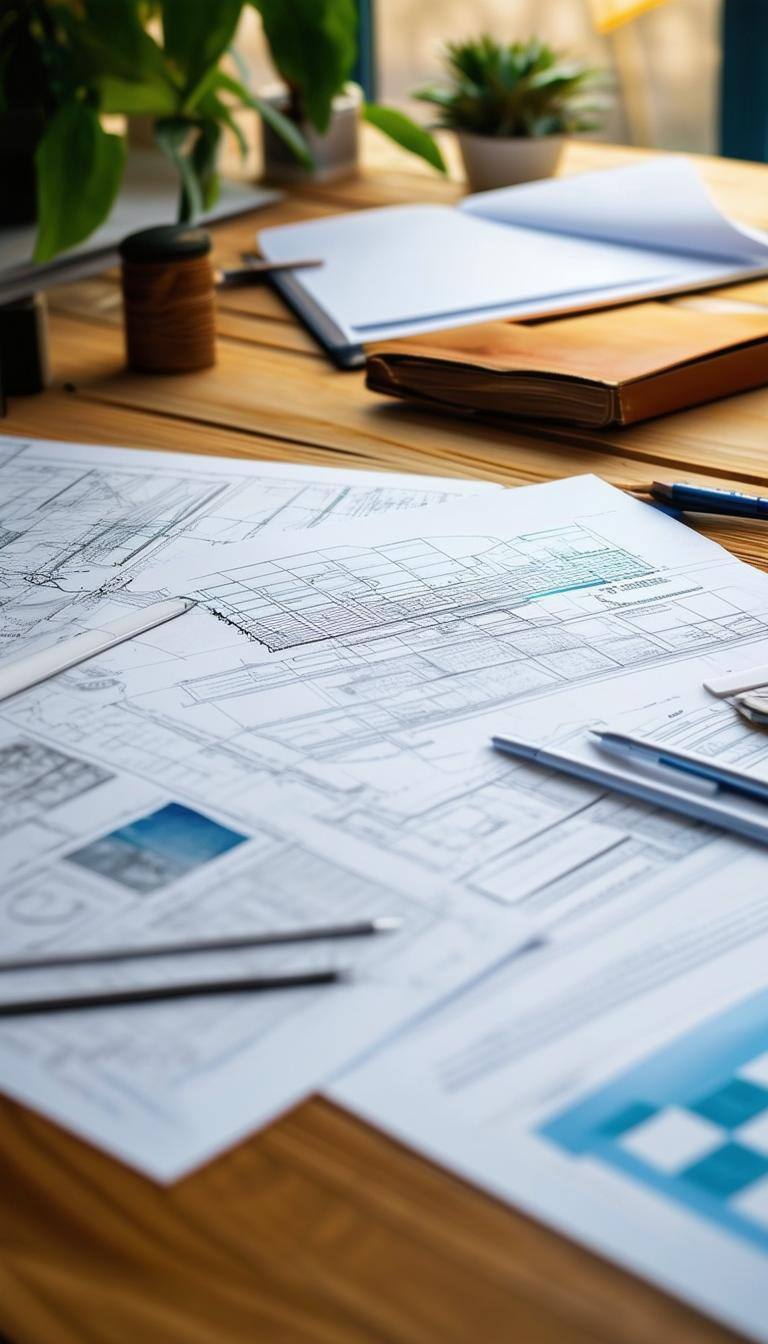 study design, planning, drafts and documents on a table